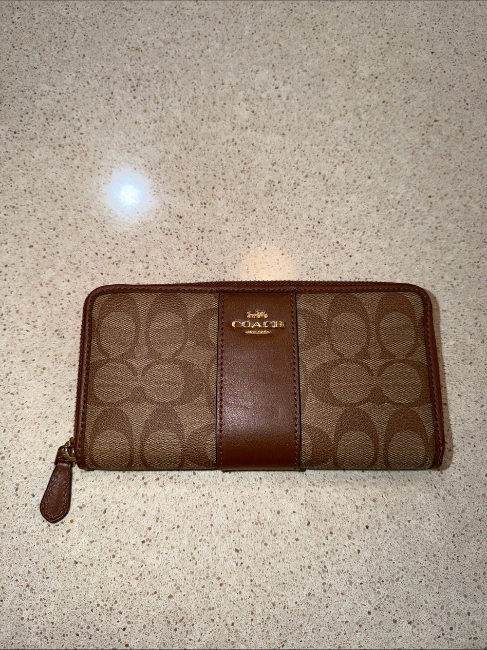 Coach Signature Accordion Zip Wallet Brown Khaki Canvas Leather Continental